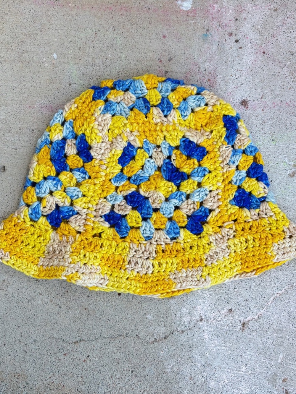 Handmade Crocheted Bucket Hat in Sparkly Yellow with Blue Details